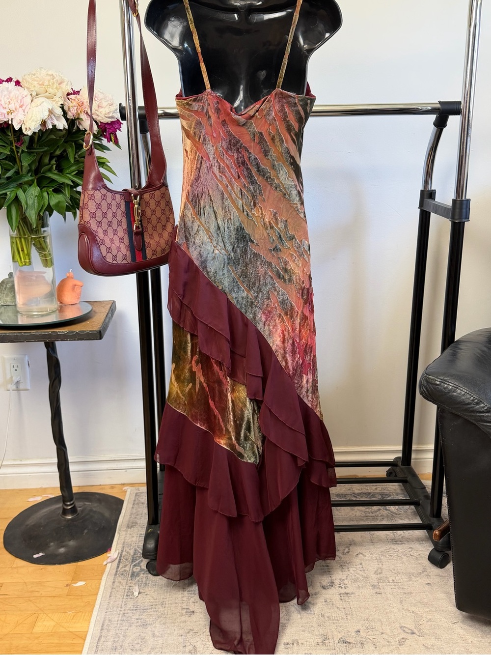 Jeff Gallano Paris Burgundy Velvet Burnout Layered Evening Gown Dress FR 42 - Picture 5 of 10